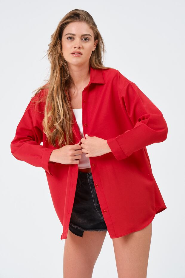 Kadın Kırmızı Oversize Uzun Basic Gömlek - 8