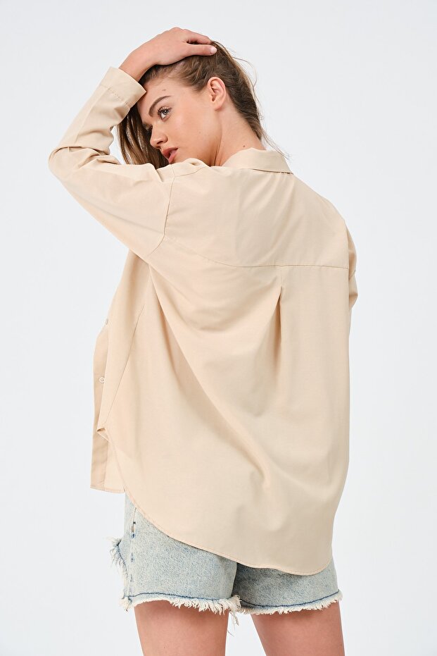 Kadın Bej Oversize Uzun Basic Gömlek - 6