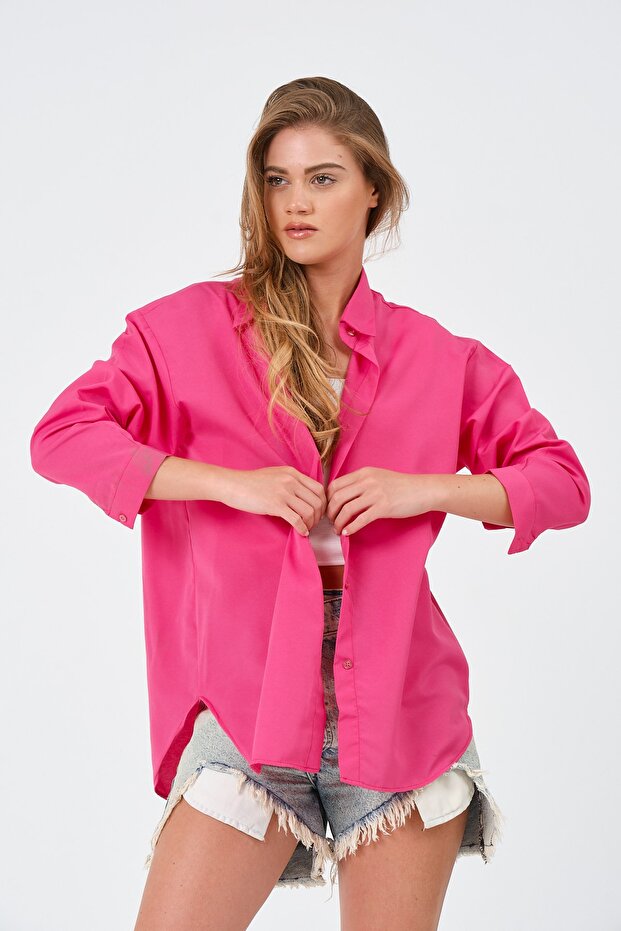 Kadın Fuşya Oversize Uzun Basic Gömlek - 5