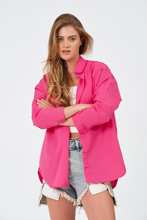 Kadın Fuşya Oversize Uzun Basic Gömlek - 6