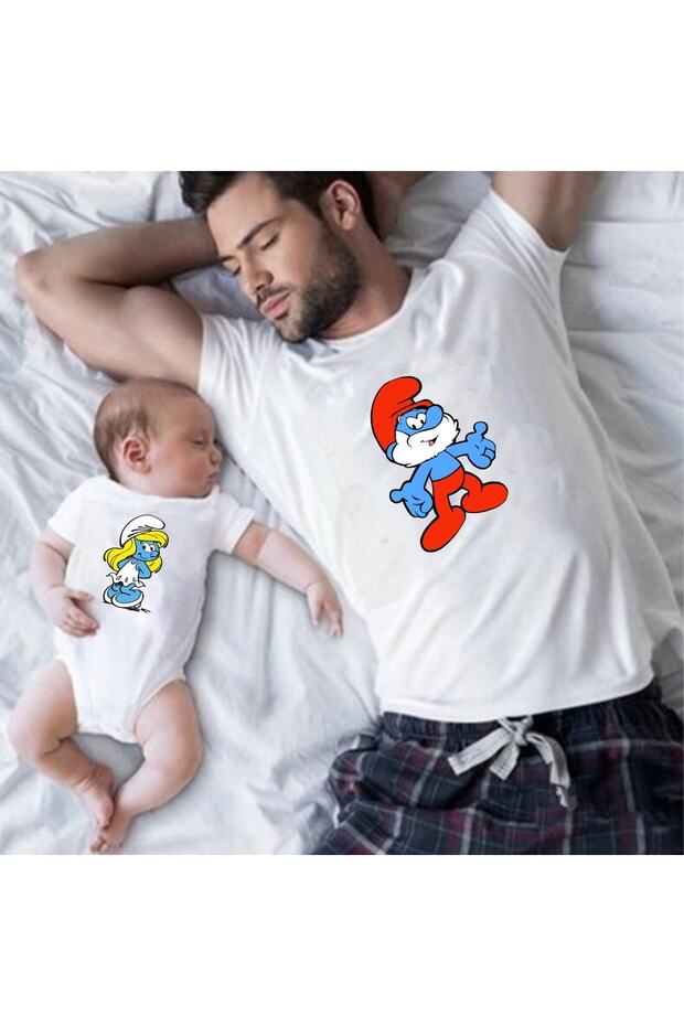 Papa Smurf Sirine Papa Daughter Combination T-Shirt Bodysuit is the price of 1 piece of bodysuit