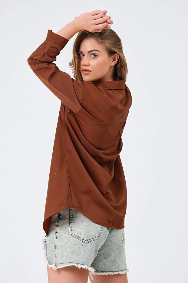 Kadın Kahverengi Oversize Uzun Basic Gömlek - 6