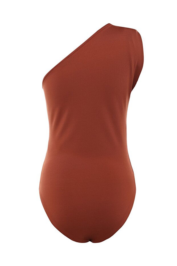 Tarçın Asimetrik Yakalı Alttan Çıtçıtlı Esnek Örme Body TWOSS22BD00014 - 6