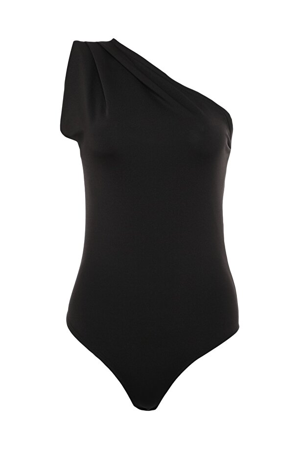 Siyah Asimetrik Yakalı Alttan Çıtçıtlı Esnek Örme Body TWOSS22BD00014 - 6