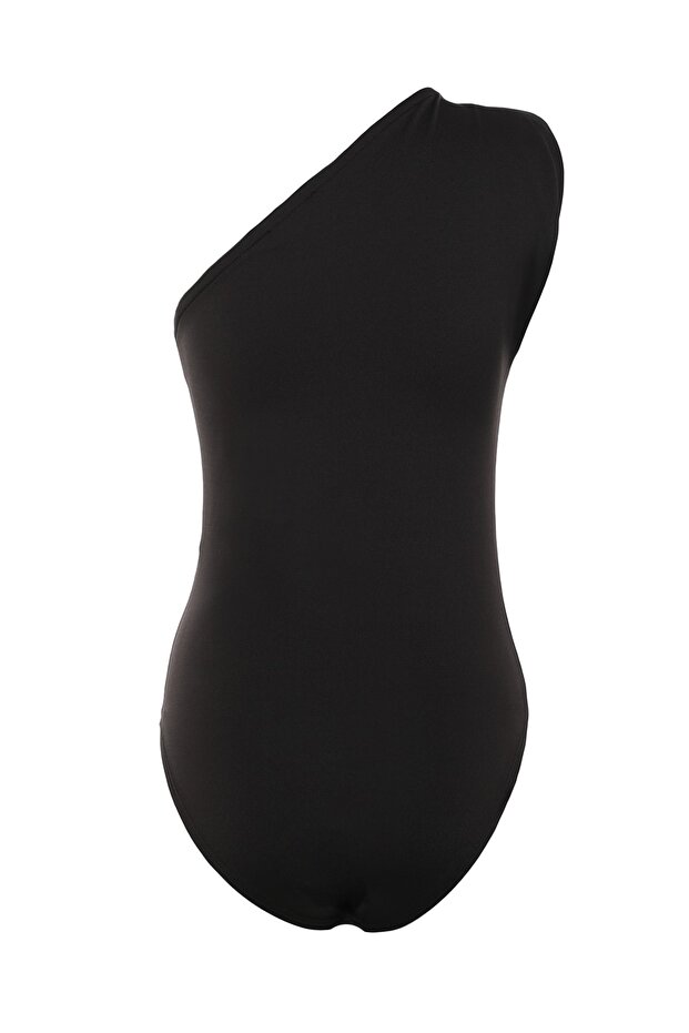 Siyah Asimetrik Yakalı Alttan Çıtçıtlı Esnek Örme Body TWOSS22BD00014 - 8