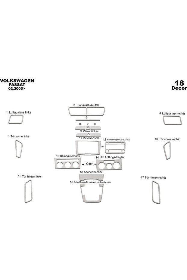 Meriç ® Volkswagen Passat Front Glove Box Trim Aluminum 18 Pieces 2005-2010