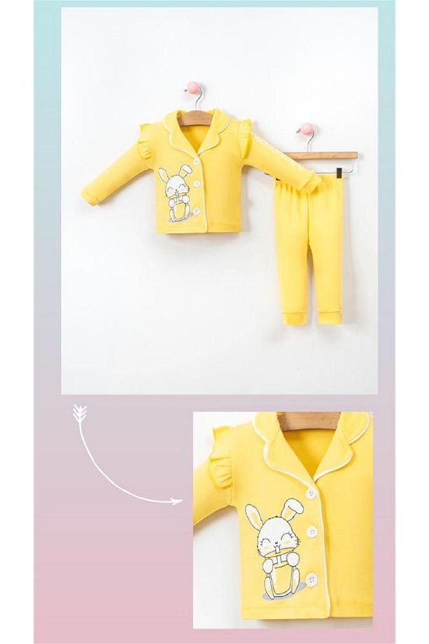 Kız Bebek Tavşan Baskılı Önden Düğmeli Pijama Takımı,alt Üst Gecelik Takımı (6-24 Ay) - 2