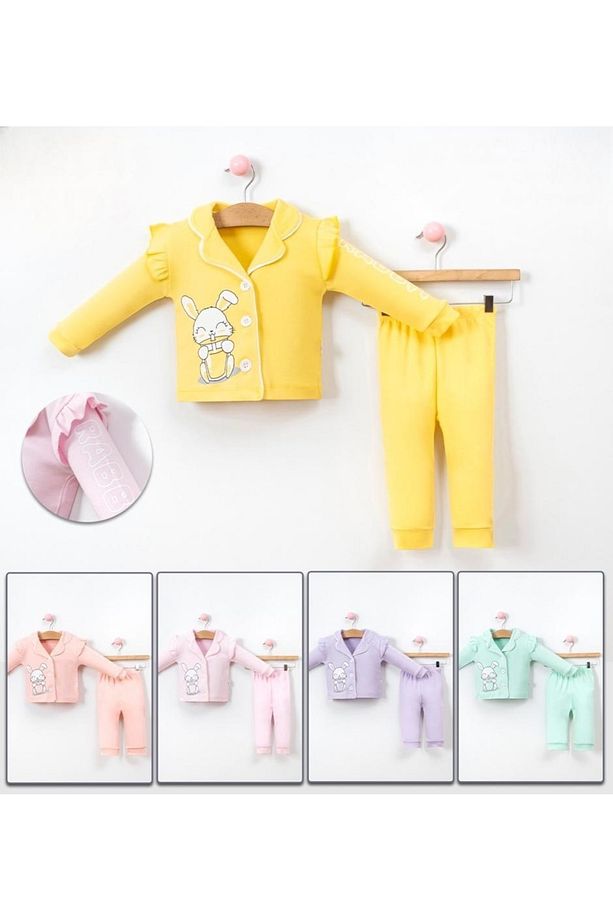 Kız Bebek Tavşan Baskılı Önden Düğmeli Pijama Takımı,alt Üst Gecelik Takımı (6-24 Ay) - 3