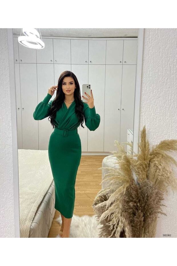 Women's Green Balloon Sleeve Double Breasted Collar Detailed Belted Scuba Fabric Dress