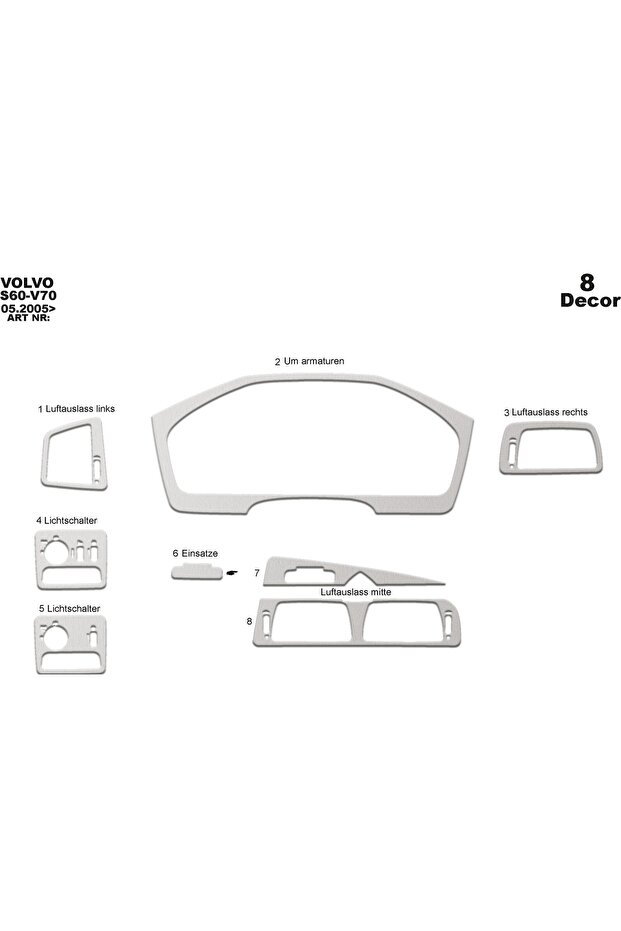 Meriç ® Volvo S60 / V70 Front Glove Box Trim Aluminum 8 Pieces 2005-2009