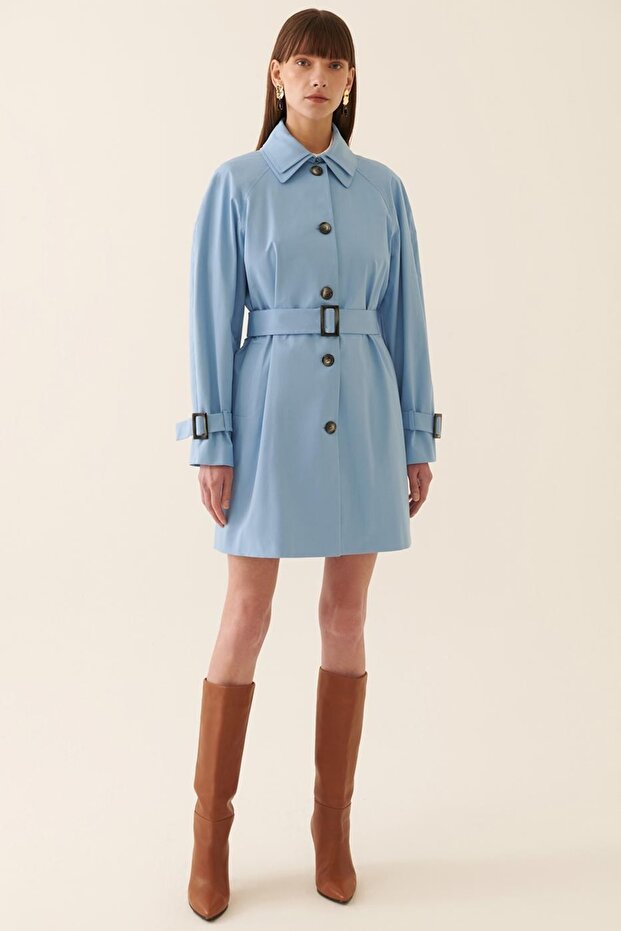 Eleri Regular Fit Shirt Collar Above Knee Blue Color Women's Trench Coat