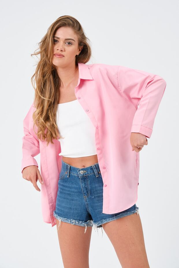 Kadın Pembe Oversize Uzun Basic Gömlek - 3