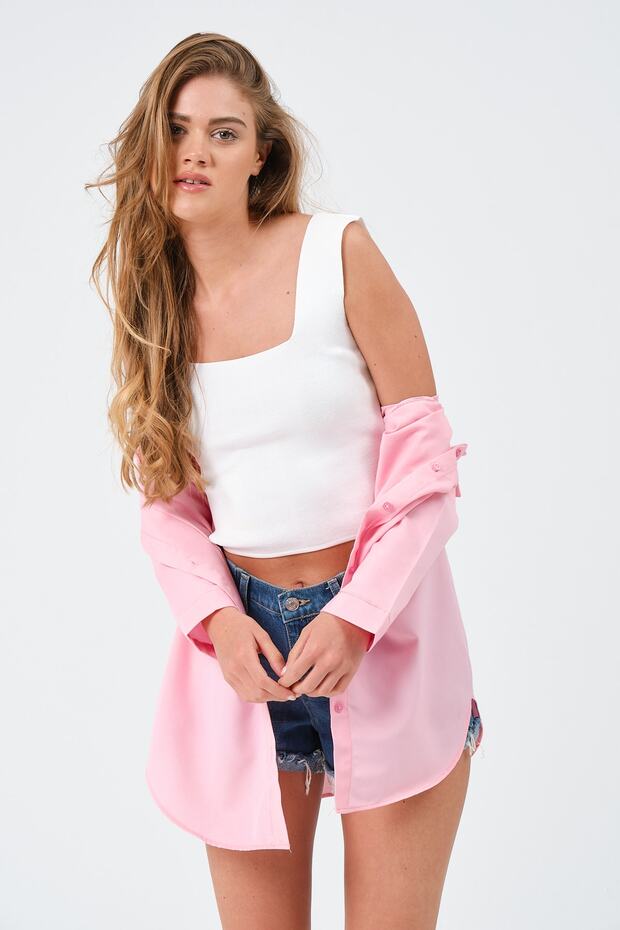 Kadın Pembe Oversize Uzun Basic Gömlek - 6