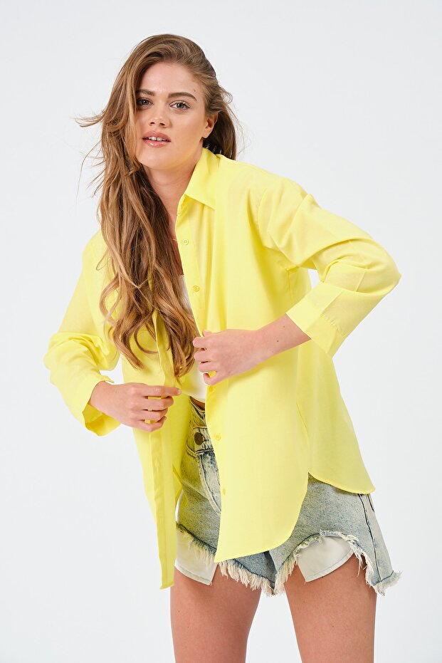 Kadın Sarı Oversize Uzun Basic Gömlek - 3