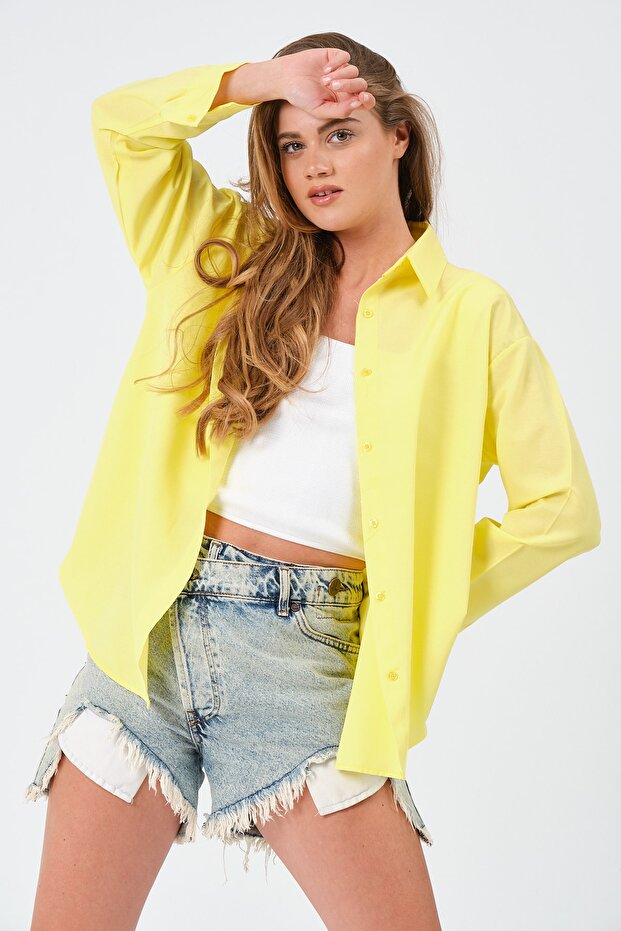 Kadın Sarı Oversize Uzun Basic Gömlek - 5