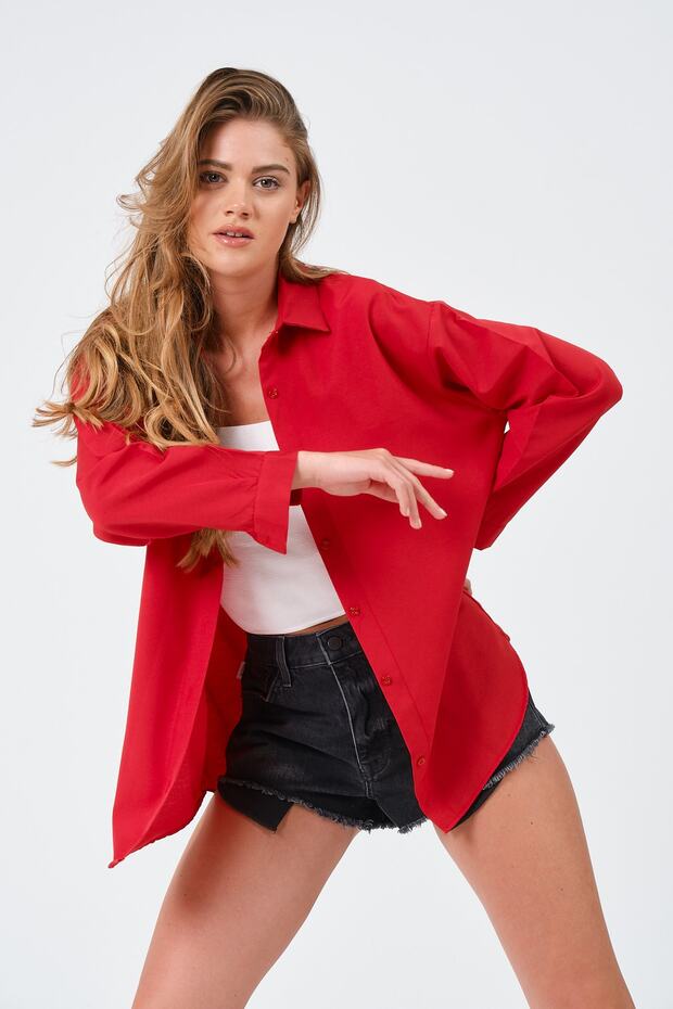Kadın Kırmızı Oversize Uzun Basic Gömlek - 1