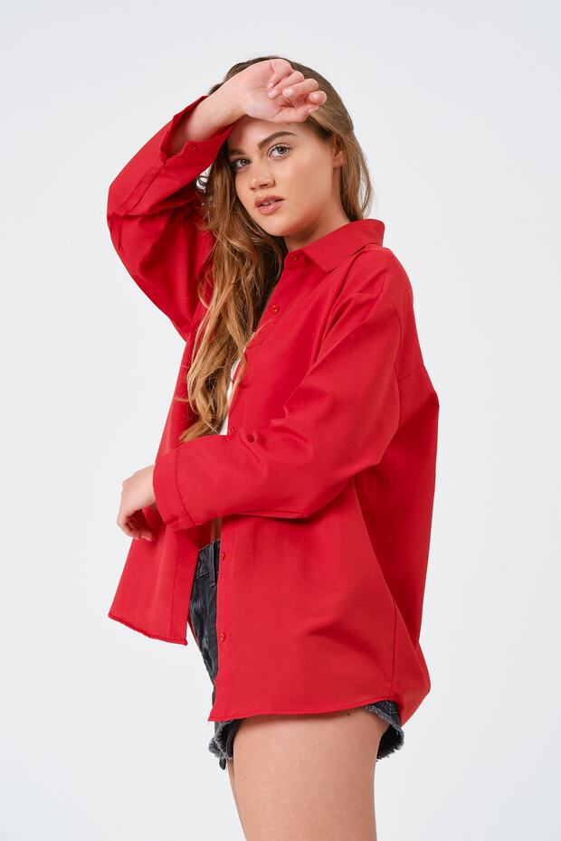 Kadın Kırmızı Oversize Uzun Basic Gömlek - 9