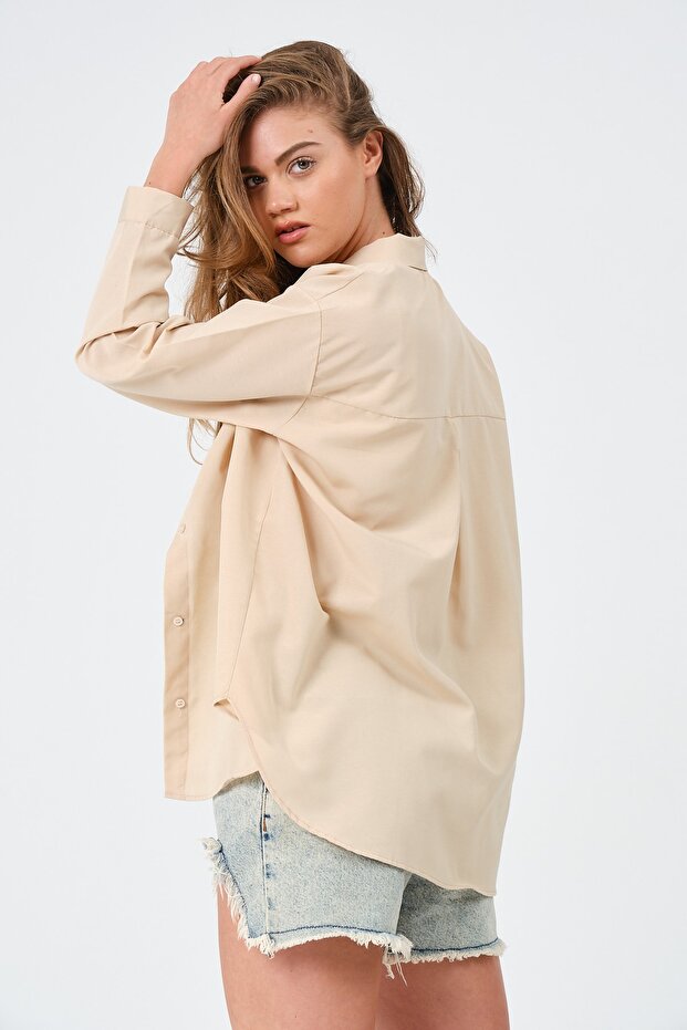Kadın Bej Oversize Uzun Basic Gömlek - 7