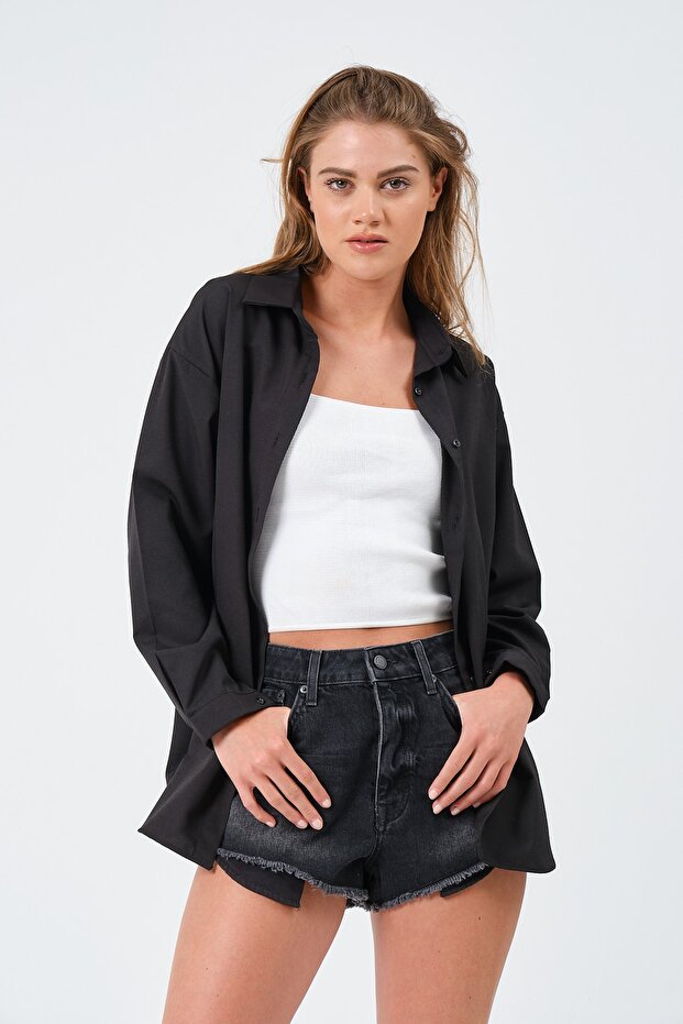 Kadın Siyah Oversize Basic Uzun Gömlek - 8