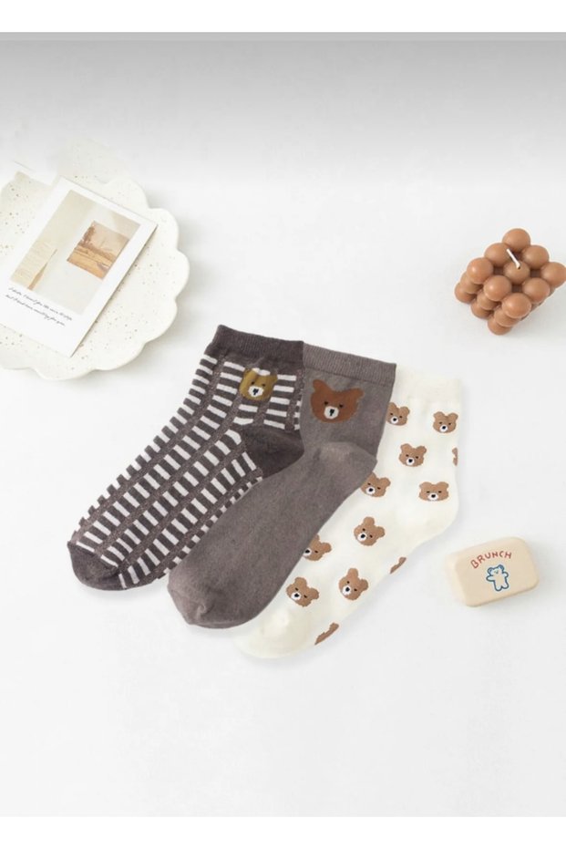 3 Pairs of Women's Cute Bear Patterned Washable Booties Socks