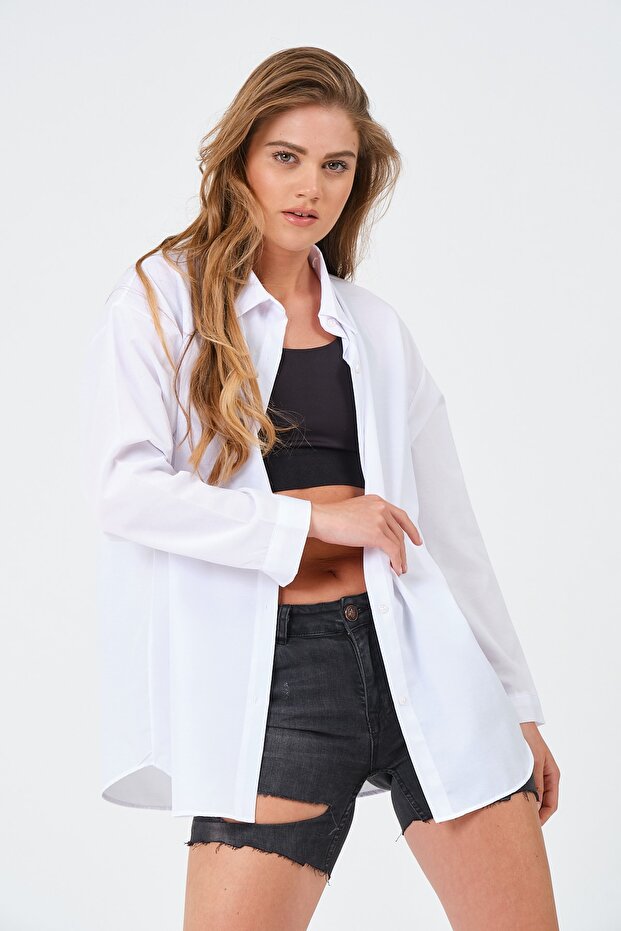 Kadın Beyaz Oversize Uzun Basic Gömlek - 1