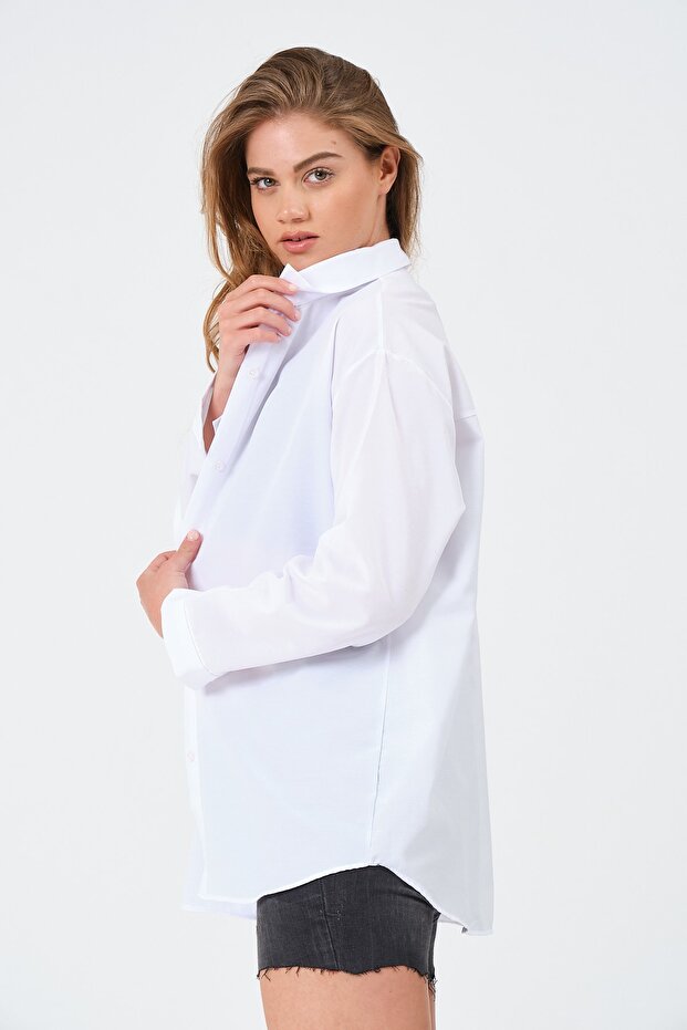 Kadın Beyaz Oversize Uzun Basic Gömlek - 7