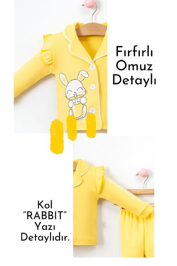 Kız Bebek Tavşan Baskılı Önden Düğmeli Pijama Takımı,alt Üst Gecelik Takımı (6-24 Ay) - 4