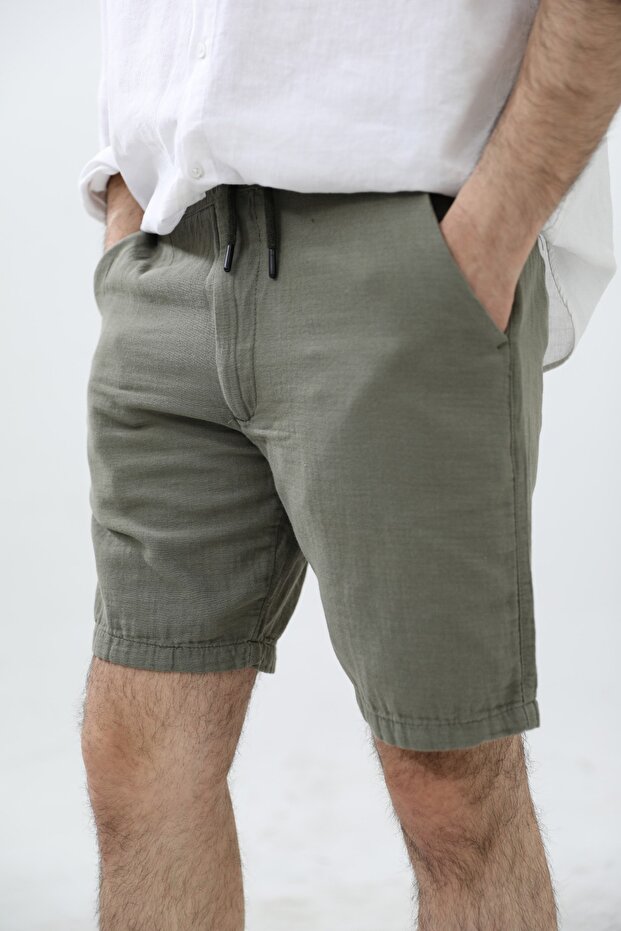 Men's Khaki Musli Lace-up Linen Shorts