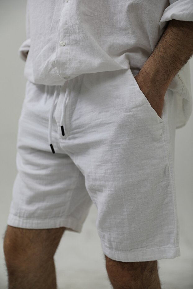 Men's White Musli Lace-Up Linen Shorts