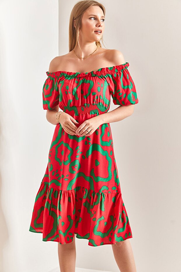 Kadın Madonna Yaka Beli Lastikli Elbise 40871026 - 5