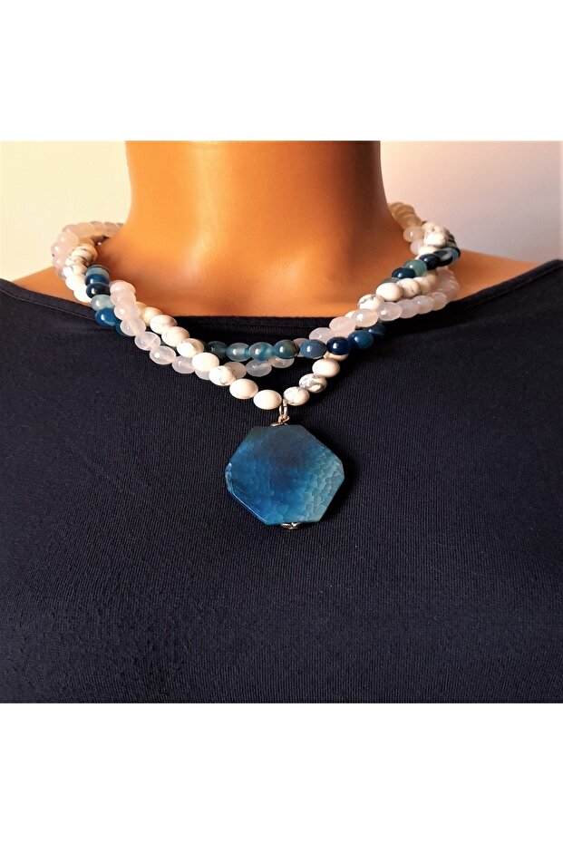 Blue Agate Howlite Smoky Agate Anti-Evil Eye Three-Row Necklace Bringing Calmness and Calmness