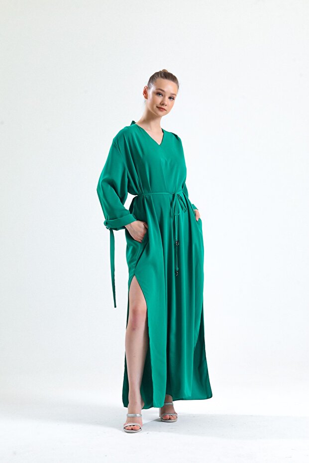 Belden Baglamalı V Yaka Elbıse - 1