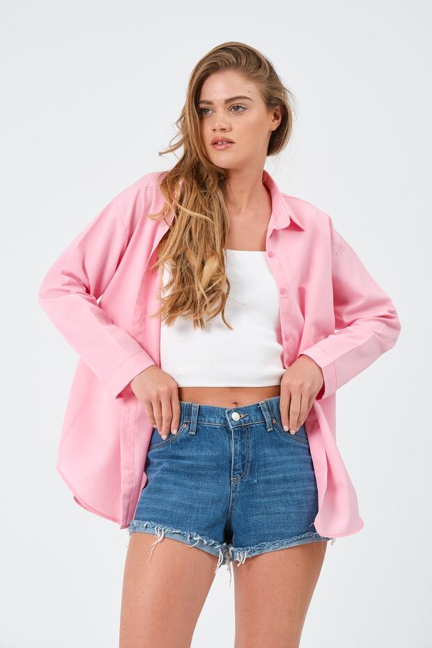 Kadın Pembe Oversize Uzun Basic Gömlek - 4