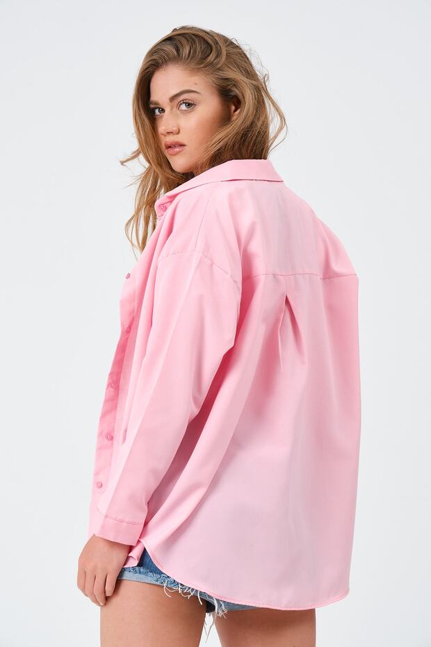 Kadın Pembe Oversize Uzun Basic Gömlek - 7