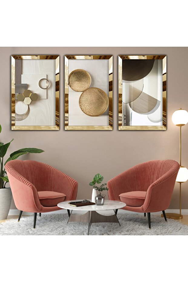 مجموعة رسم ثلاثية من MDF بإطار من زجاج شبكي عاكس ذهبي