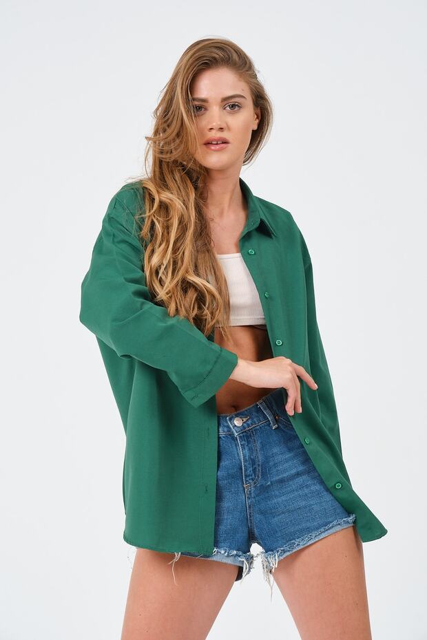 Kadın Zümrüt Oversize Uzun Basic Gömlek - 5
