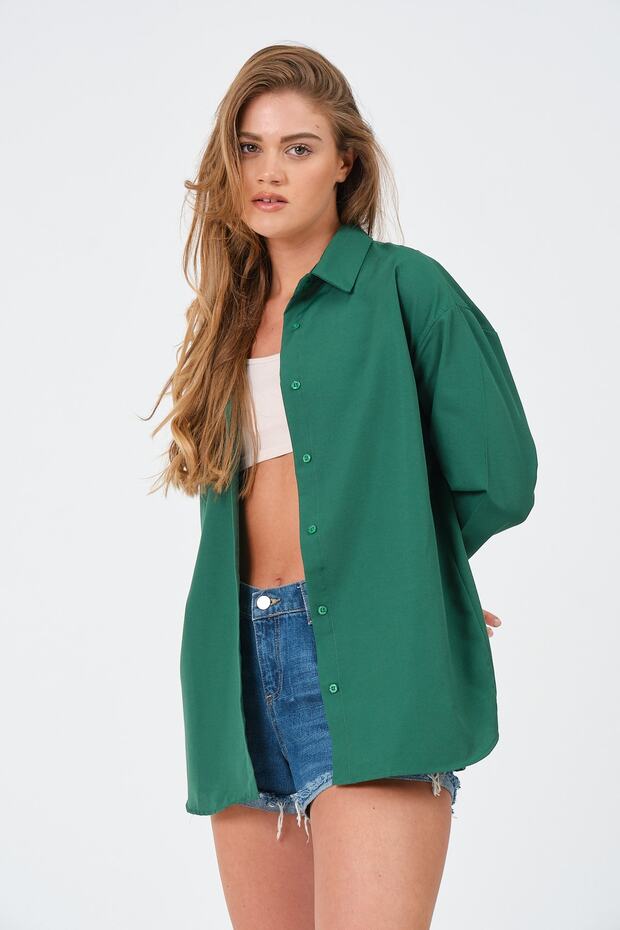 Kadın Zümrüt Oversize Uzun Basic Gömlek - 6