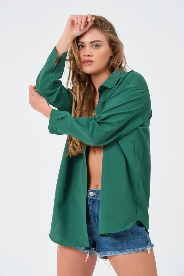 Kadın Zümrüt Oversize Uzun Basic Gömlek - 8