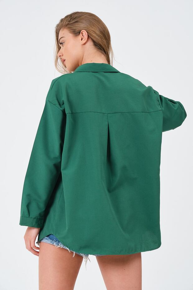 Kadın Zümrüt Oversize Uzun Basic Gömlek - 9