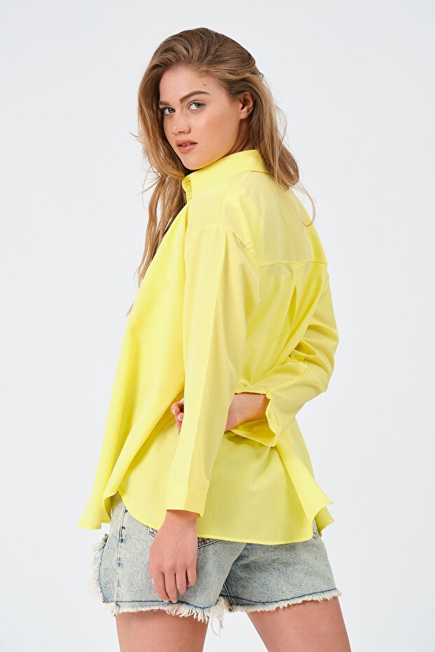 Kadın Sarı Oversize Uzun Basic Gömlek - 4