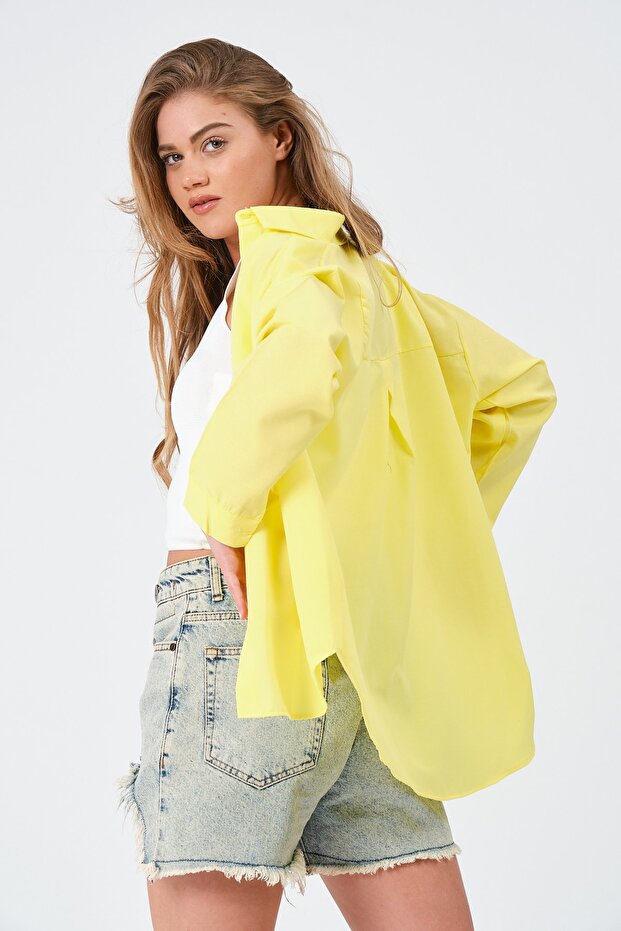 Kadın Sarı Oversize Uzun Basic Gömlek - 6