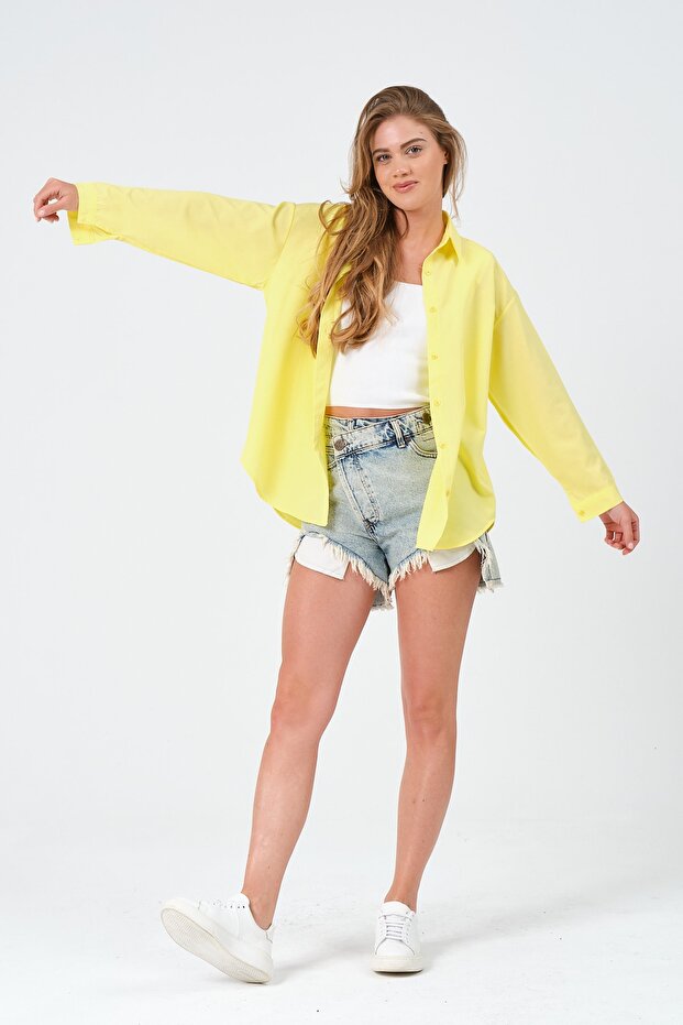Kadın Sarı Oversize Uzun Basic Gömlek - 7