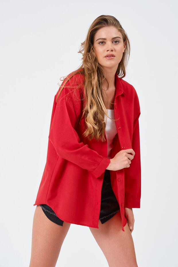 Kadın Kırmızı Oversize Uzun Basic Gömlek - 3