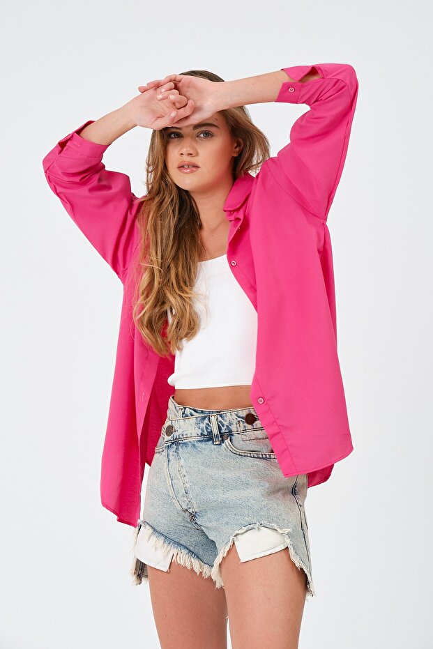 Kadın Fuşya Oversize Uzun Basic Gömlek - 4