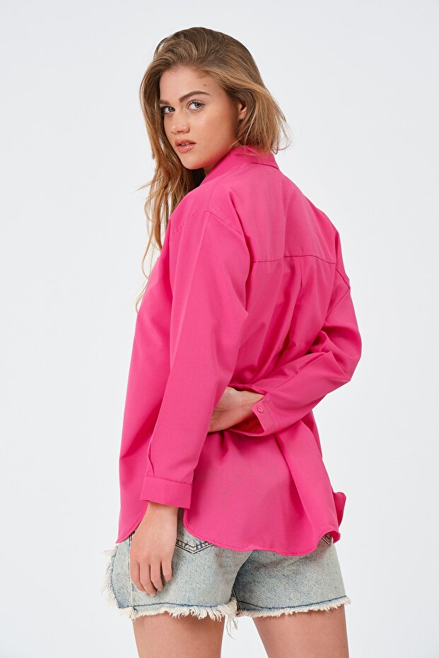 Kadın Fuşya Oversize Uzun Basic Gömlek - 8