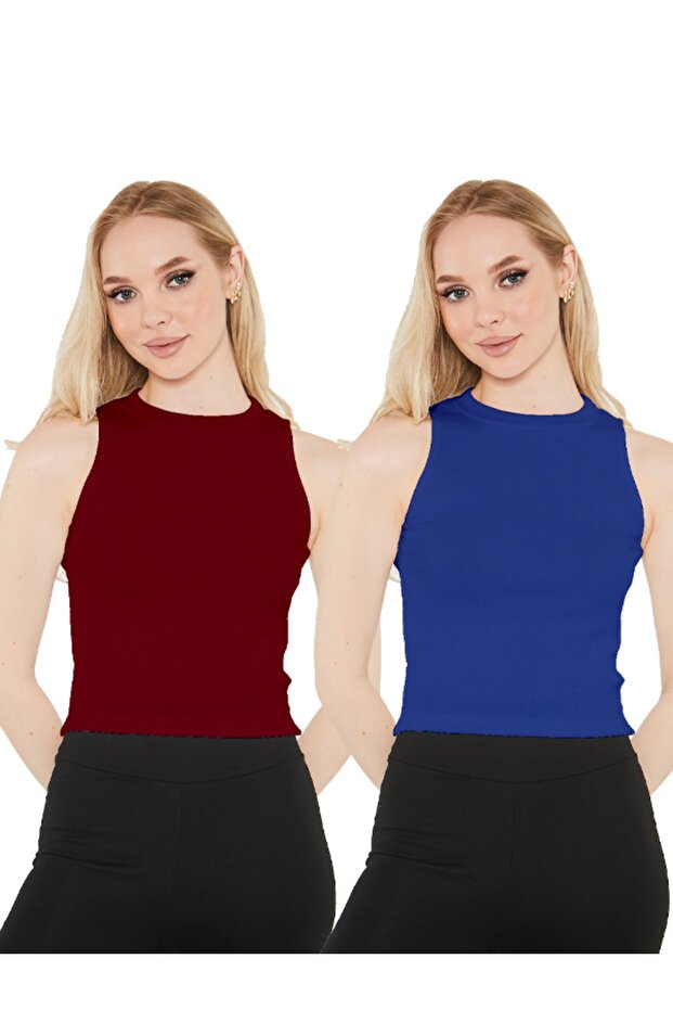 Women's Cobalt Blue Claret Red Halter Neck 2-Piece Crop Blouse
