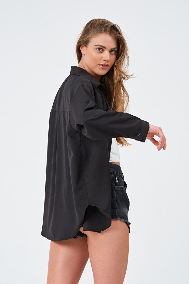Kadın Siyah Oversize Basic Uzun Gömlek - 4