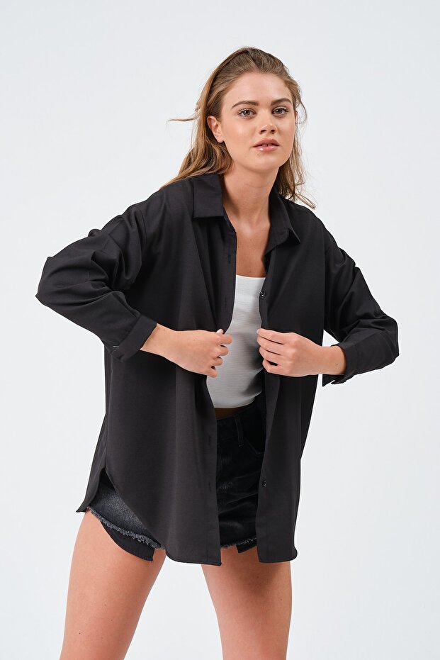 Kadın Siyah Oversize Basic Uzun Gömlek - 6