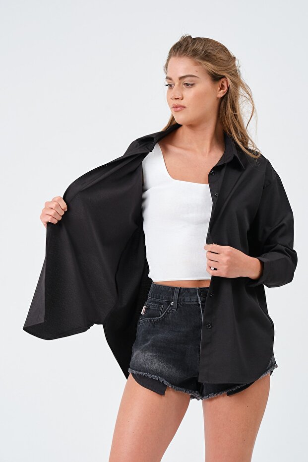 Kadın Siyah Oversize Basic Uzun Gömlek - 7