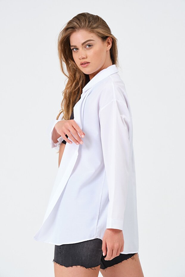 Kadın Beyaz Oversize Uzun Basic Gömlek - 6